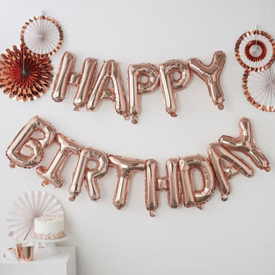 Rose Gold Happy Birthday Bunting Balloon - Ralph and Luna Party Shop
