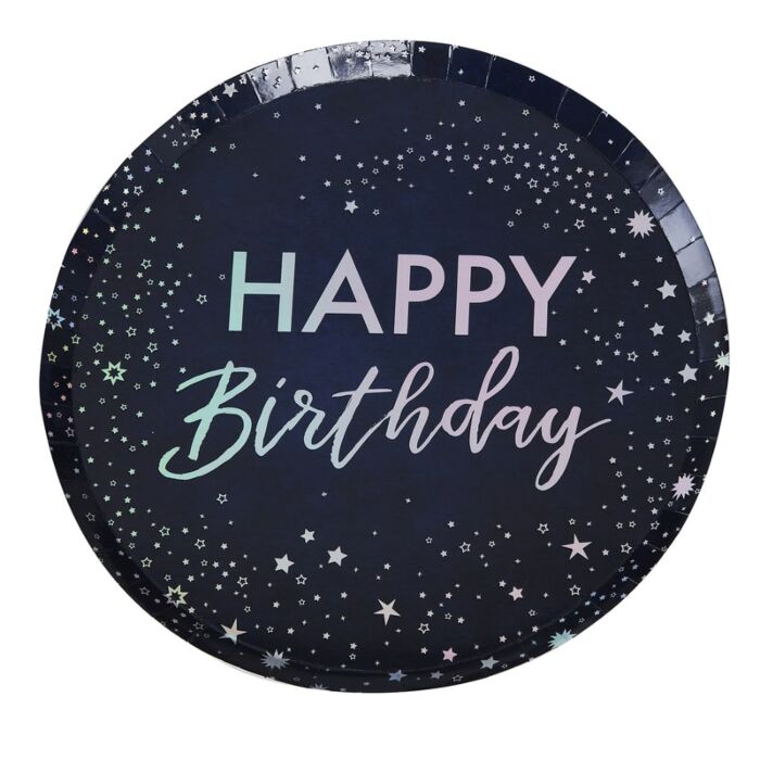 Stargazer Paper Plates Happy Birthday Iridescent - Ralph and Luna Party Shop