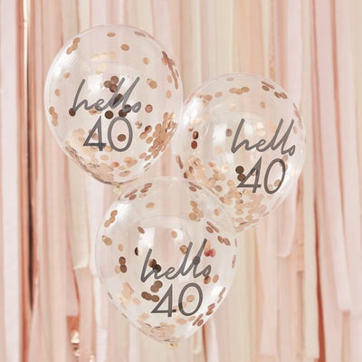 Rose Gold Confetti Filled 'Hello 40' Balloons - Ralph and Luna Party Shop