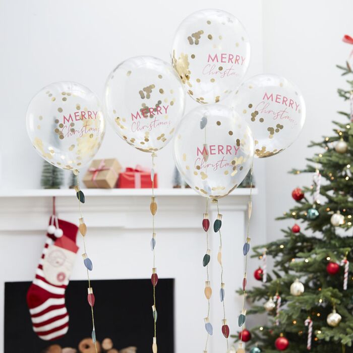 CHRISTMAS CONFETTI BALLOONS WITH LIGHT BULB BALLOON TAILS
