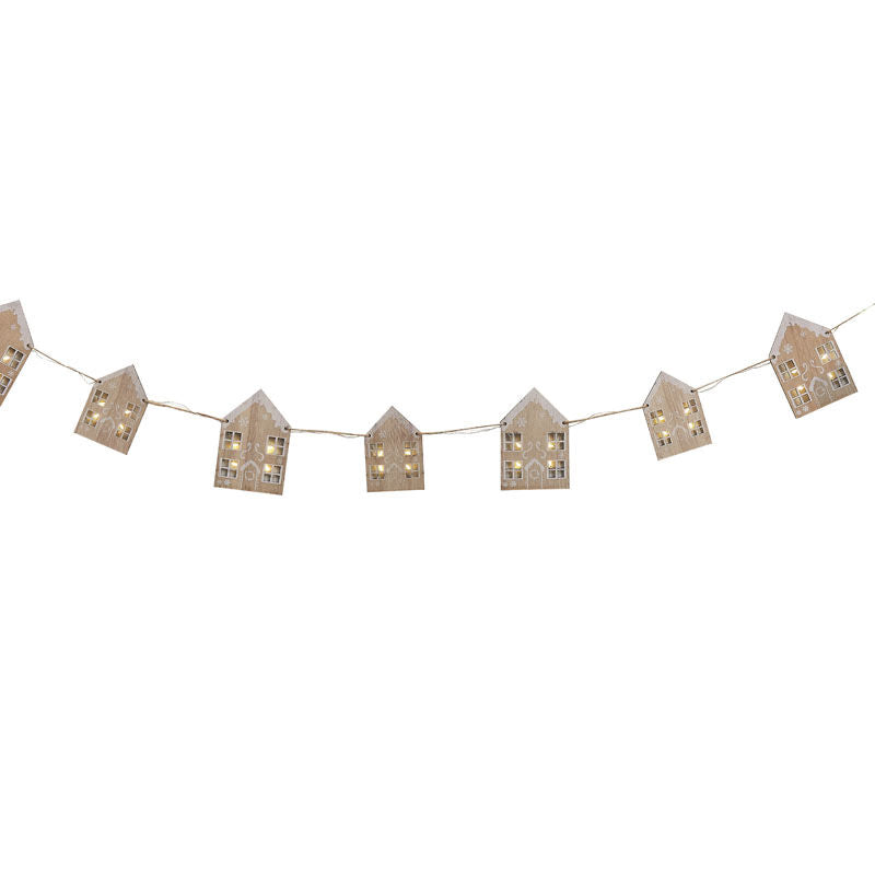 WOODEN GINGERBREAD HOUSE CHRISTMAS GARLAND WITH LIGHT UP WINDOWS