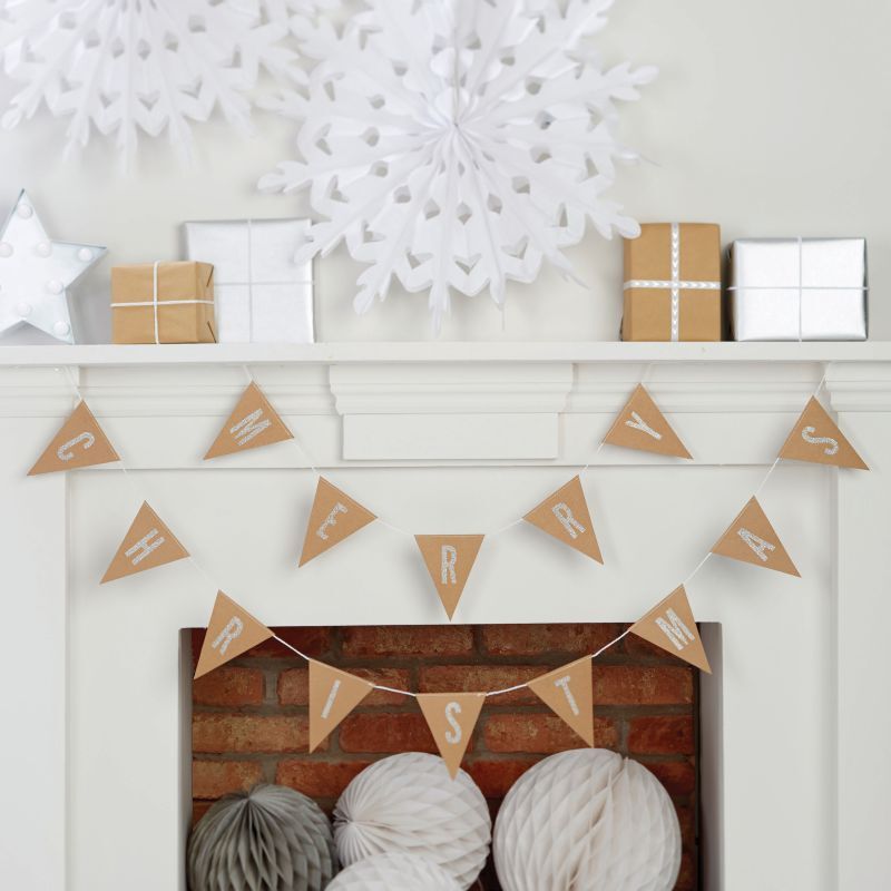 MERRY CHRISTMAS BUNTING KRAFT CARD & SILVER GLITTER