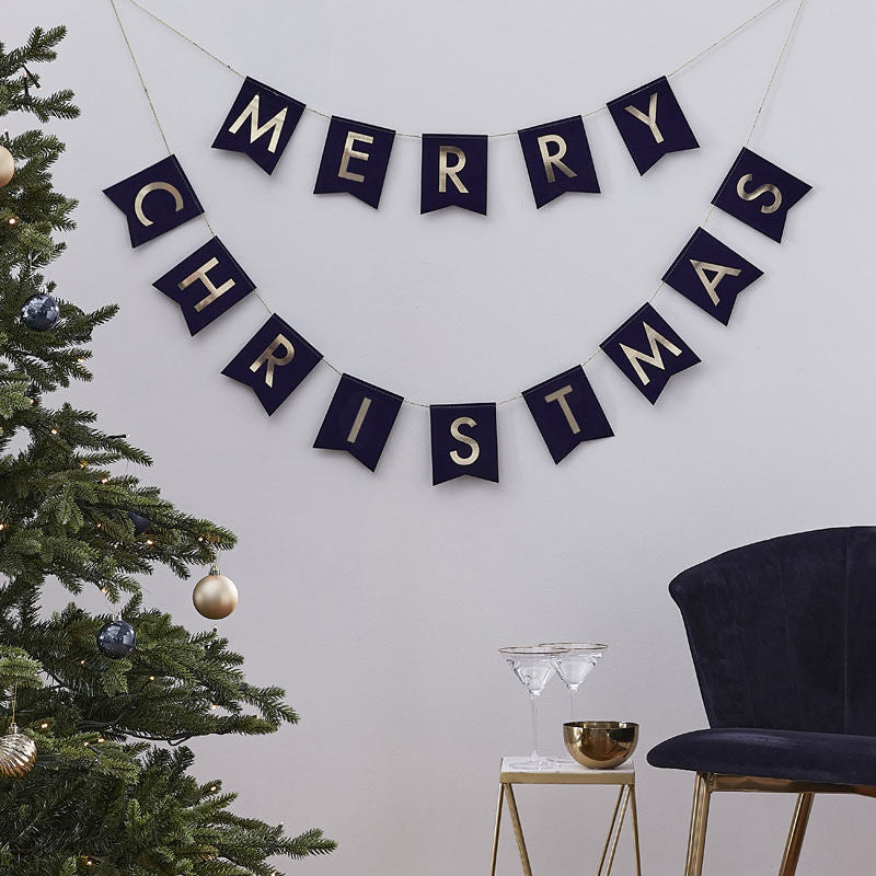 VELVET NAVY AND GOLD MERRY CHRISTMAS BUNTING