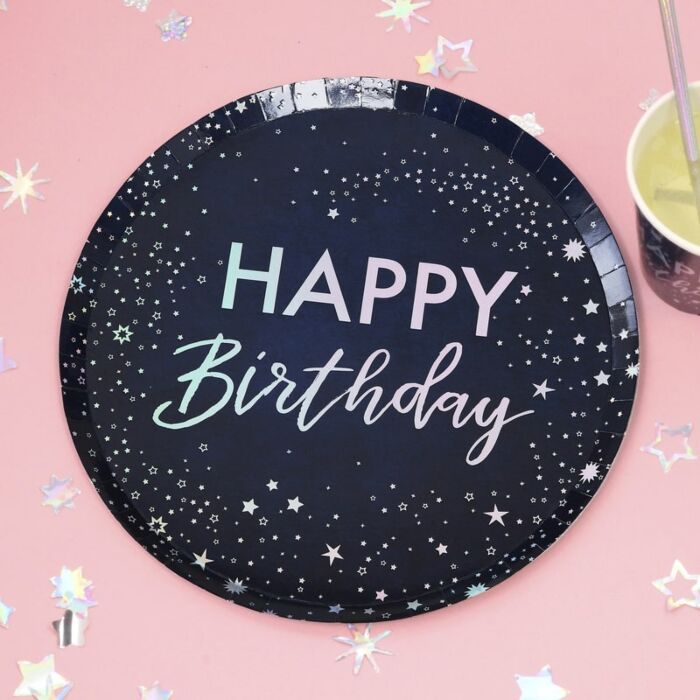 Stargazer Paper Plates Happy Birthday Iridescent - Ralph and Luna Party Shop