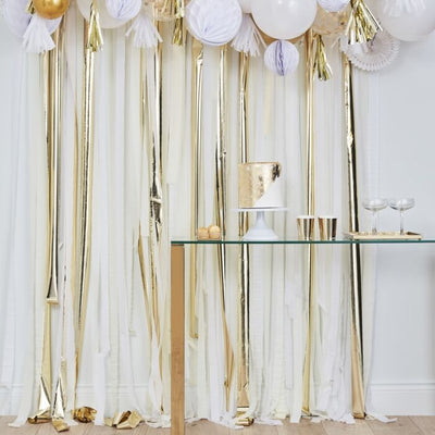 Mix It Up Gold Metallic Streamer Backdrop - Ralph and Luna Party Shop