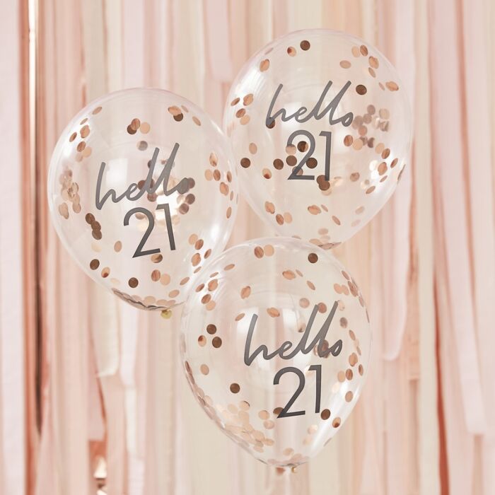 Rose Gold Confetti Filled 'Hello 21' Balloons - Ralph and Luna Party Shop