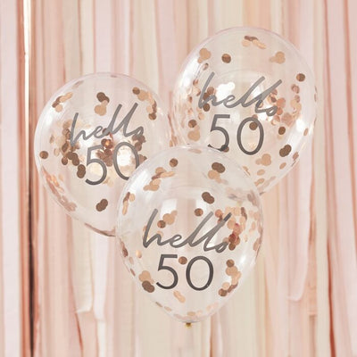 Rose Gold Confetti Filled 'Hello 50' Balloons - Ralph and Luna Party Shop