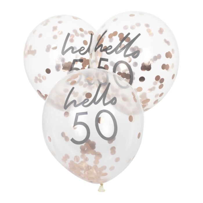 Rose Gold Confetti Filled 'Hello 50' Balloons - Ralph and Luna Party Shop