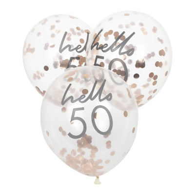 Rose Gold Confetti Filled 'Hello 50' Balloons - Ralph and Luna Party Shop