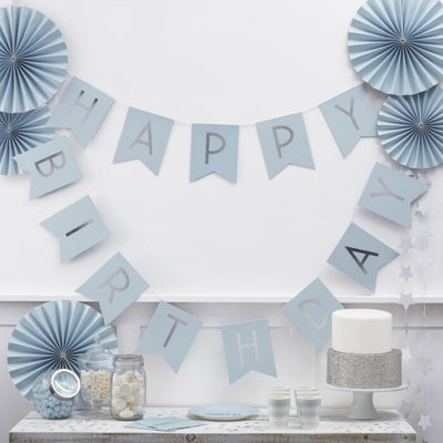 Blue and Silver Foil Happy Birthday Banner - Ralph and Luna Party Shop