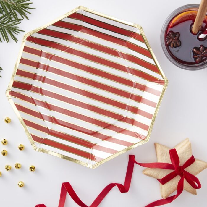 Christmas Red & Gold Stripe Plates - Ralph and Luna Party Shop