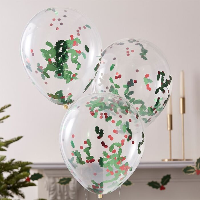 Christmas Holly and Berries Confetti Party Balloons - Ralph and Luna Party Shop